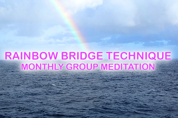 A rainbow extending from the sky to the sea with Rainbow Bridge Meditation text overlaid.