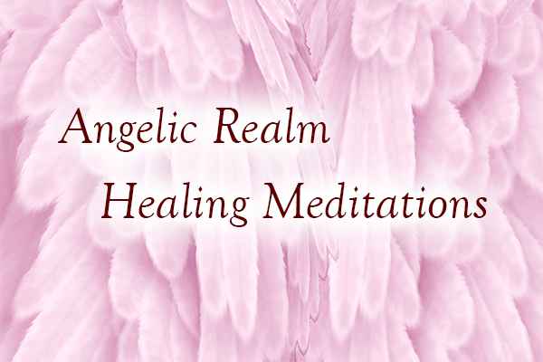 Angel wings with a text overlay reading Angelic Realm Healing Mediations