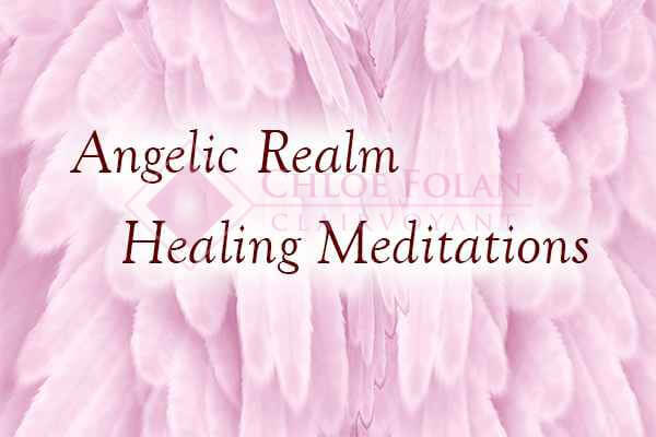 Angels wings in the background with text overlay saying Angelic Realm Healing Meditation.