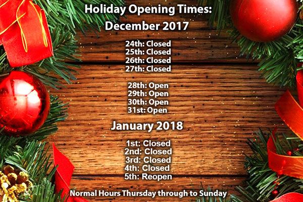 List of Seasonal opening hours Dec 2017